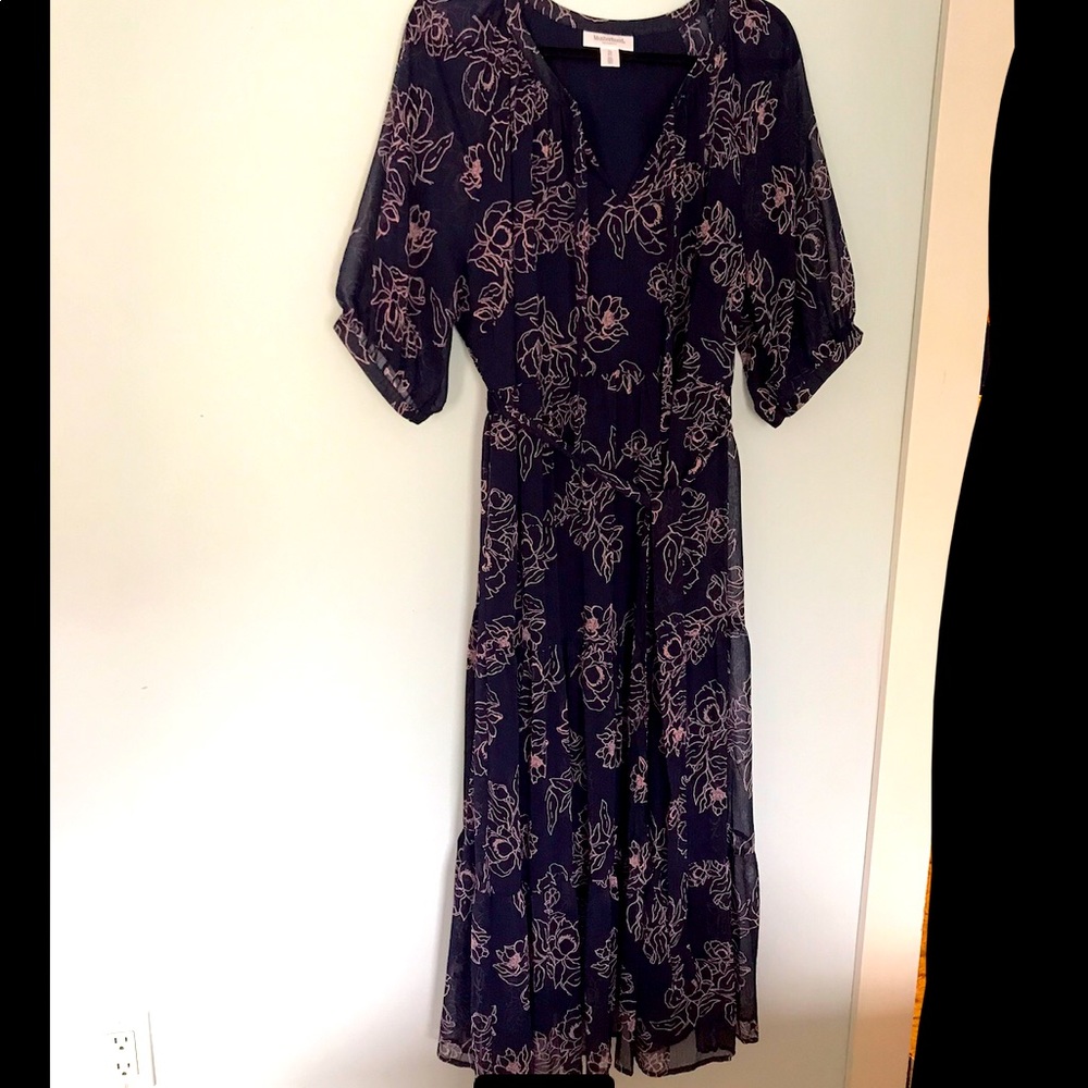 Navy and pink tiered midi maternity dress